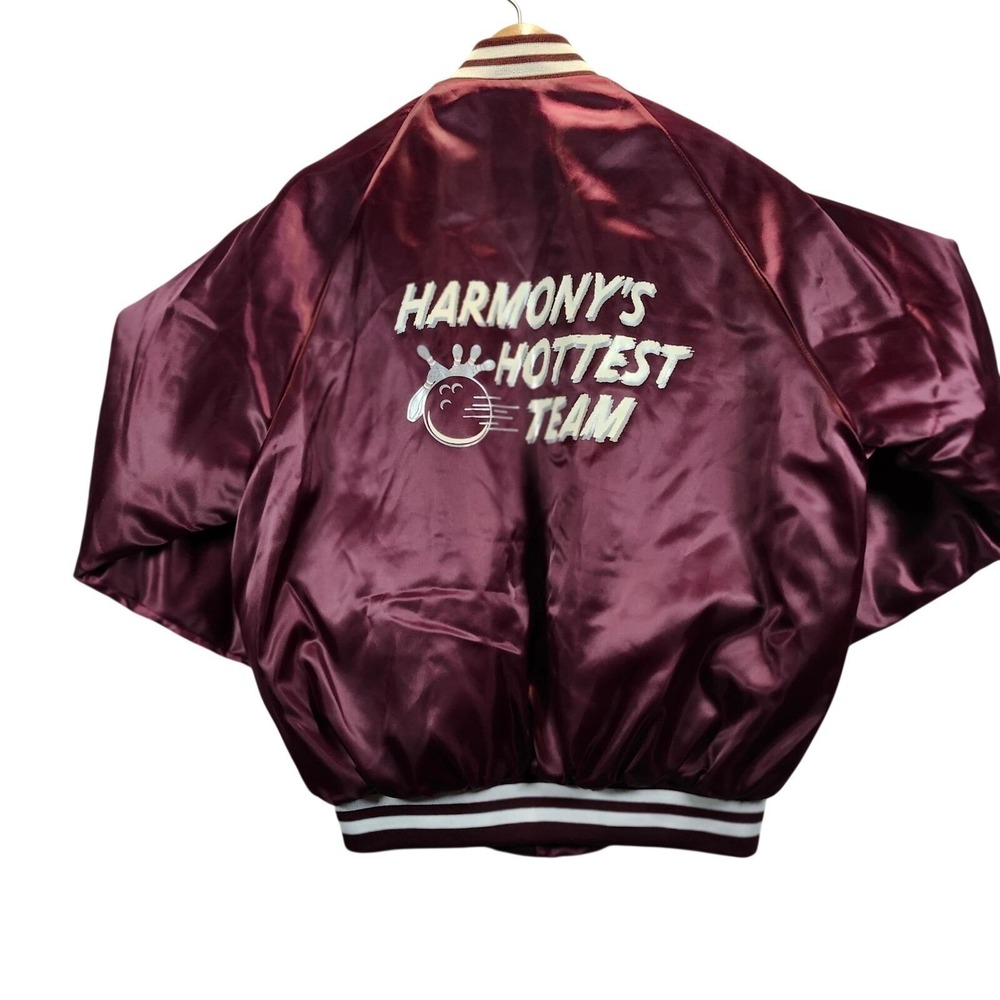 VINTAGE 80's Westark USA Burgundy Satin Bomber Jacket Bowling Pins Pins Large - Picture 2 of 9